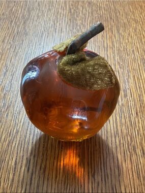Amber Glass Apple Accent with Olive Velvet Leaf - Home Art